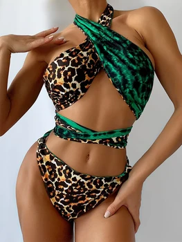 2023 Комплект бикини с ефект повдигащ на спагети презрамки, бански с принтом в стил мозайка, женски бански костюм с висока талия, женски секси бански за плуване Изображение