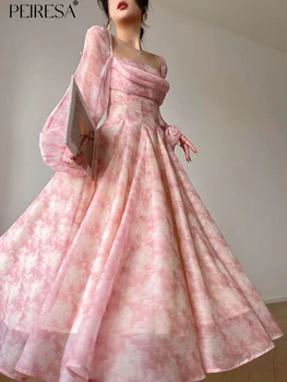 PEIRESA/ френски елегантна празнична рокля с принтом за жени, открит квадратен яката, ръкавите фенер, вечерна рокля midi, лято 2023 г. Изображение