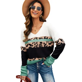 Жена пуловер, пролетта на модерен женски пуловер с дълъг ръкав и V-образно деколте, свободна градинска дрехи, дамски пуловер с леопардовым принтом за почивка, дамски дрехи Изображение