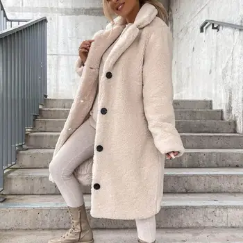 Жена тренч, плюшевое утепленное палто, есен-зима, однобортная плюшен яке, дълга горна дреха, градинска облекло Изображение