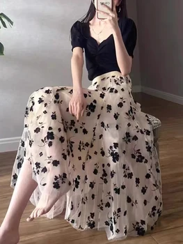 Мрежести поли с цветен модел, Дамски пролетно-лятна дълга газова пола с висока талия, модерни ежедневни поли на средна дължина с елегантен принтом Mujer Изображение